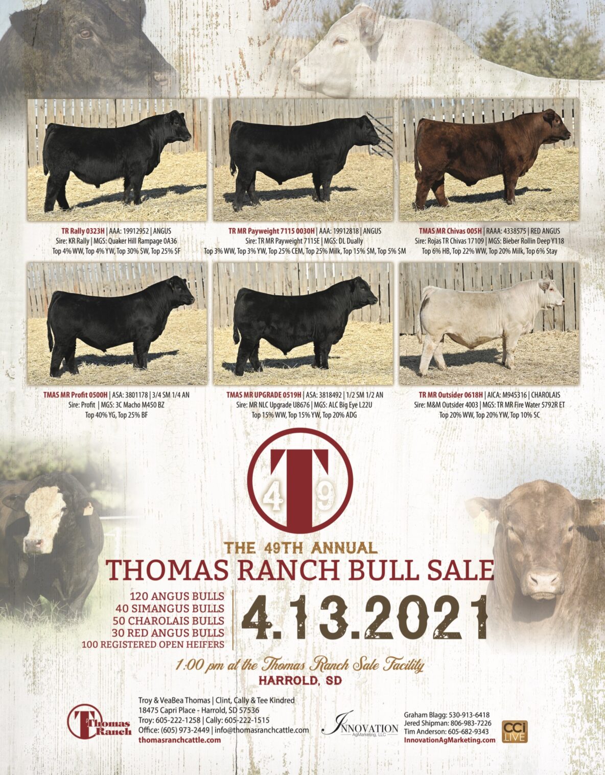 Advertisement for Thomas Ranch Bull Sale featuring various bulls with details and sale date.