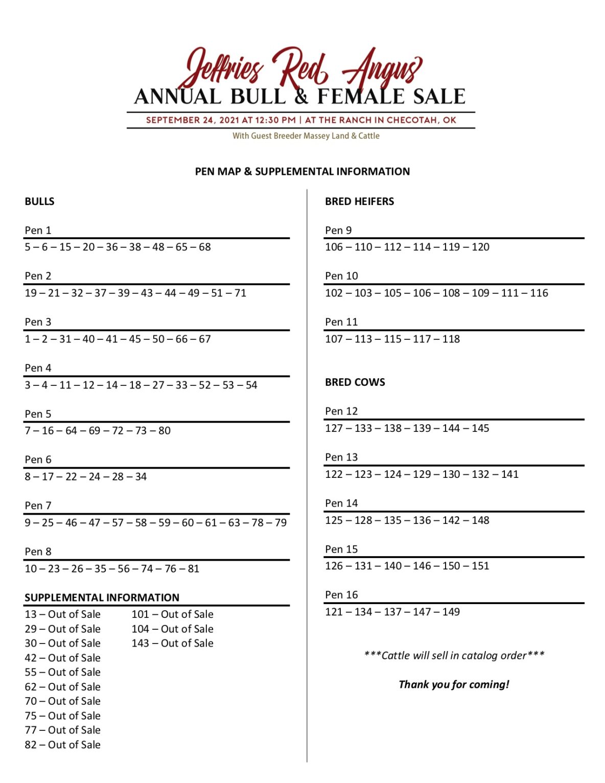 A detailed schedule for an annual bull and female sale event with dates and lots.